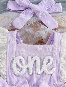 Baby Girl 2pcs Set Casual Cute Floral Pattern Letter Embroidery Ruffle Bow Decor Romper And Headband, Suitable For Daily Wear And Party - Mauve Purple - View 4