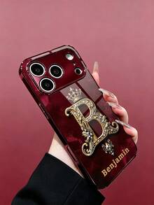 1件客製化姓名時尚手機殼，印花復古宮廷皇冠寶石雕刻大寫字母圖案，酒紅色電鍍高清玻璃殼，適用於 Apple Duo/18ProMax/17ProMax/16Pro/15/14Plus/13Pro/12ProMax/11/XsMax & S26Ultra/25Plus/24/23/22 & A36/A35/A33/A31/A26/A15/A13/Note20/10Pro 及其他系列機型 - 酒紅色 - 查看 3