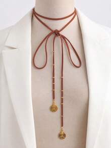 1pc Bohemian Style Long Leather Necklace, Wrapped Neck Chain, Vintage Round Coin Pendant Necklace, Suede Leather Necklace - Brown - View 1