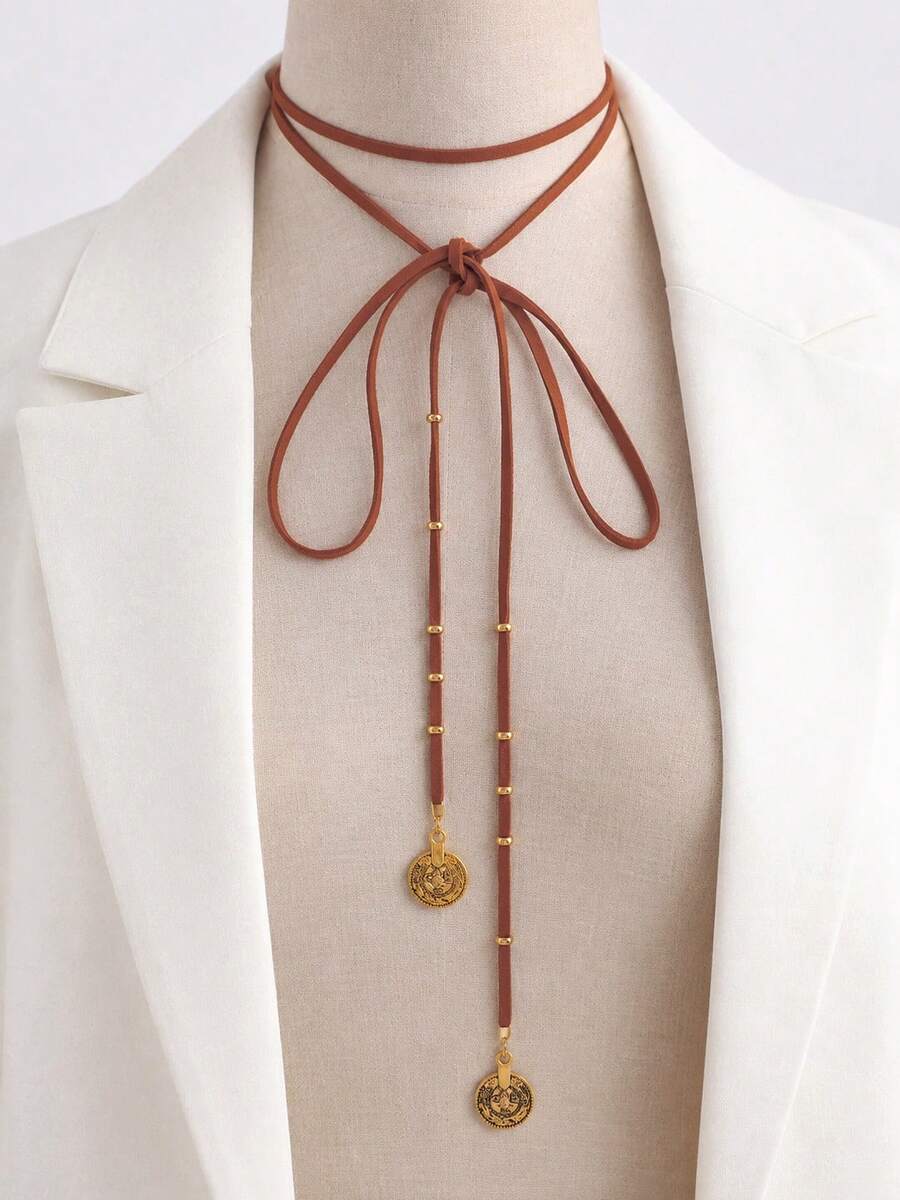 1pc Bohemian Style Long Leather Necklace, Wrapped Neck Chain, Vintage Round Coin Pendant Necklace, Suede Leather Necklace - Brown - View 1