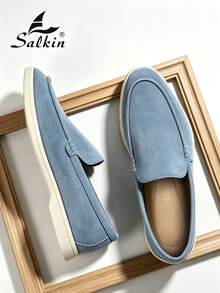 Salkin Classic Designer Handmade Men's Moccasin Affordable Luxury Slip On Loafers For Men Wide Toe Fit Suede Vegan Leather Dusty Blue Men Shoes Casual Shoes Men Flat Driving Shoes Holiday Gift - Baby Blue - View 1