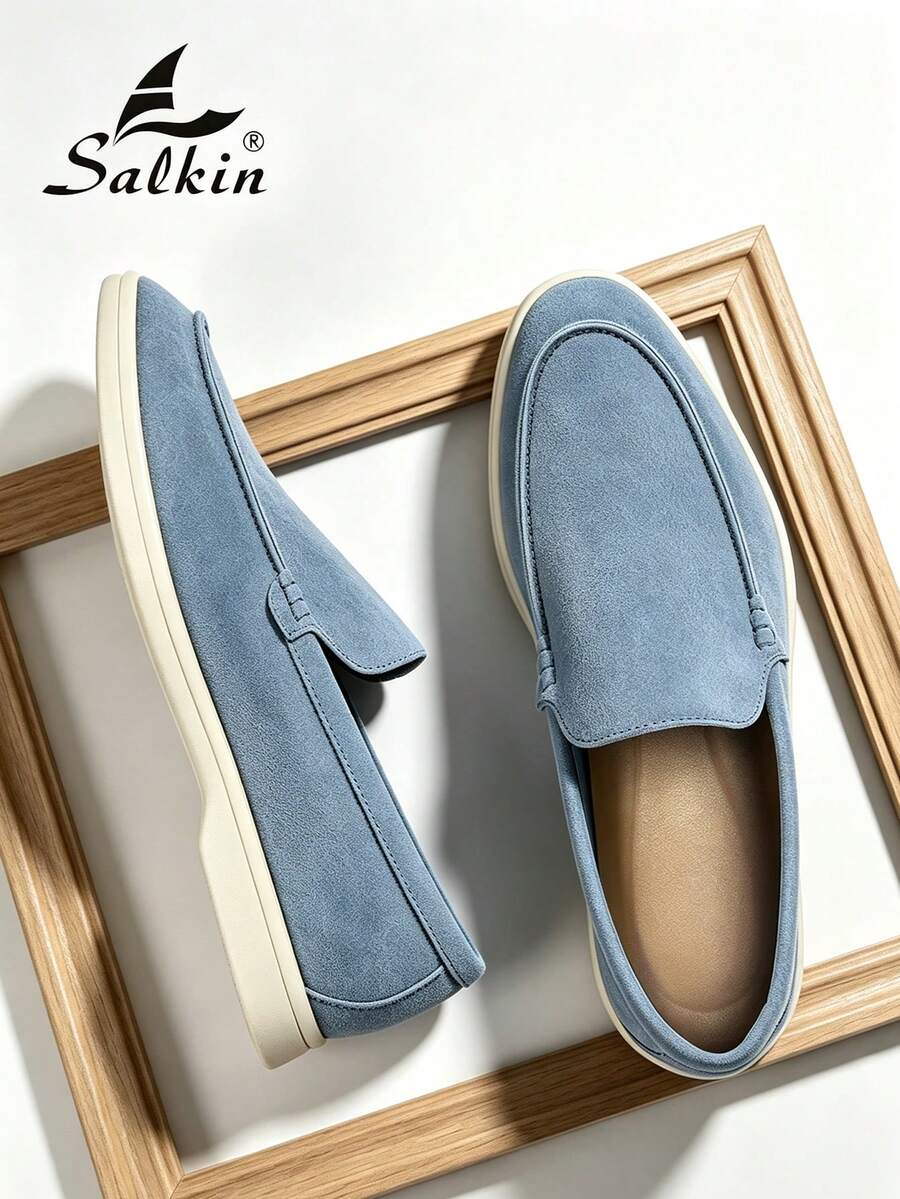 Salkin Classic Designer Handmade Men's Moccasin Affordable Luxury Slip On Loafers For Men Wide Toe Fit Suede Vegan Leather Dusty Blue Men Shoes Casual Shoes Men Flat Driving Shoes Holiday Gift - Baby Blue - View 1