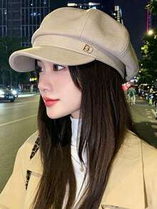 1pc 2026 Winter New Style Solid Color Bud Hat Duck Tongue Beret Women Spring Summer Korean Version Versatile Face-Slimming Octagonal Painter Hat Large Head Circumference Japanese Style - Khaki - View 1