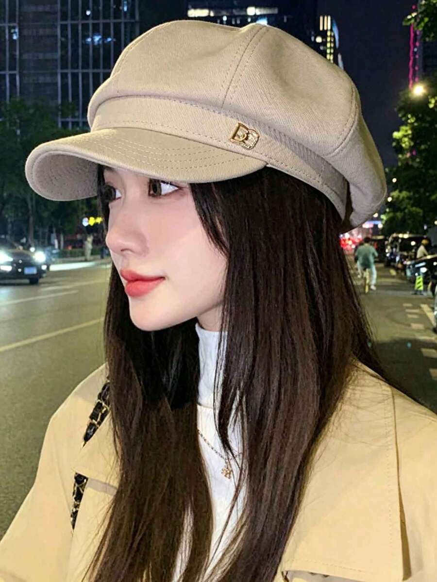 1pc 2026 Winter New Style Solid Color Bud Hat Duck Tongue Beret Women Spring Summer Korean Version Versatile Face-Slimming Octagonal Painter Hat Large Head Circumference Japanese Style - Khaki - View 1