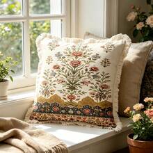 1PC Rural Printed Pillow Cover, Tassel Border, Double-Sided Decorative Pillowcase, Geometric Lace Floral Design Pattern, Home Decoration, Sofa, Bed, Bedroom(Excluding Pillow Core)-Size Excludes 3cm Tassels - Multicolor - View 7