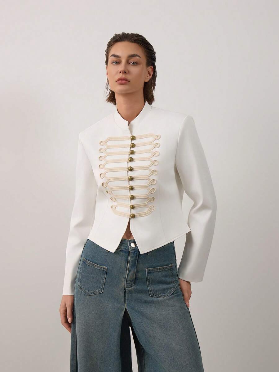 Jaket Musim Gugur Wanita Gaya Inggris Vintage Kerah Tegak Jaket Gaya Napoleon - Putih - View 1