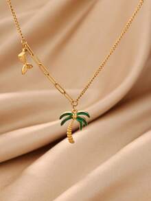 1pc Or 1set Stainless Steel Palm Tree Necklace & Ring, Unisex, 18K Gold Plated Coconut Tree Ring & Necklace, Plant Pendant Jewelry - Style 3 - View 5