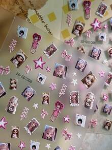 1pc 5D Embossed Nail Art Sticker, Cute Blythe Doll Character, Pink Plaid Bow, Star And Rabbit Hat Design, Self-Adhesive Nail Decal, Y2K Cute Style Autumn DIY Nail Decoration, Suitable For Girls Party And Daily Nail Decoration - Multicolor - View 3
