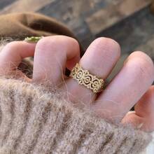 Women's Exquisite Wide Band Hollow Cross Pattern Zirconia Inlaid 18K Gold Plated Adjustable Palace Style Cross Ring - Gold - View 3