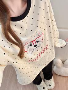 2pcs/Set Women's Pajamas Loungewear Set, Round Neck Puppy + Letter Print Cute Fashion Long Sleeve Long Pants Home Style - Multicolor - View 9