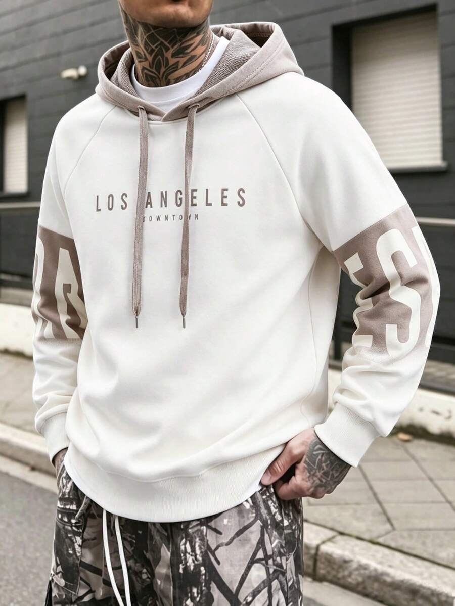 Men's Spring/Autumn Thin Colorblock Letter Print Drawstring Hooded Sweatshirt, Slim Fit Sports Casual Top - White - View 1