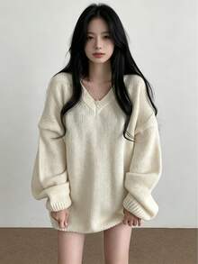 YCYC 秋冬休閒寬鬆舒適女款長袖針織衫 - 杏色 - 查看 3