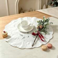 1/4pcs White Wavy Edge Christmas Bell Embroidered Placemats, Fabric Heat-Resistant Mats, Holiday Tabletop Decoration - White - View 9