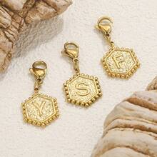 1pc Stainless Steel Gold Plated Hexagonal Letter Charm With Lobster Clasp, Alphabet Heart Pattern Pendant, DIY Keychain Bag Charm Accessories - one-size - View 5