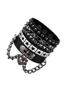 Unisex Multi-Pack Adjustable Pyramid Metal Decor & Heart Lock Star Print Gothic Punk Rock Faux Leather Alloy Bracelet Set All Season - Black - View 14