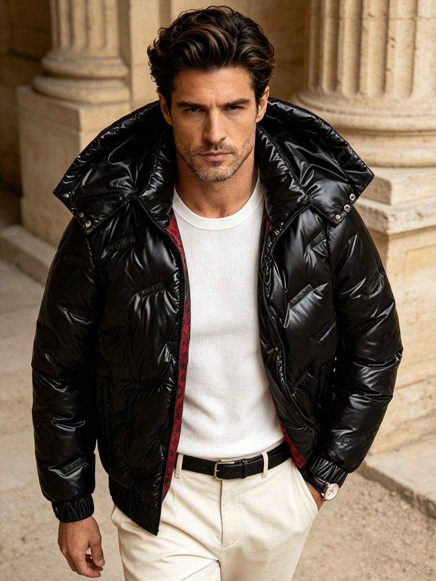 Men's Winter Thick Glossy Fashion Detachable Hooded Padded Coat - Black - View 1