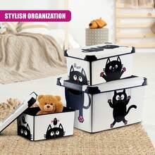 Geezy Decorative Storage Boxes With Lids Set Of 3 (22, 10, 5L) - Nesting Stackable Plastic Containers With Handles, Bedroom, Office, Wardrobe, Garage - Cute Cat Theme For Toys, Clothes, Home, Files - View 6
