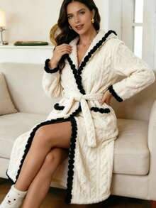 Women's Thick Long Sleeve Lace Patchwork Jacquard Cable Knit Plush Robe Bathrobe For Spring Autumn Winter - White - View 1
