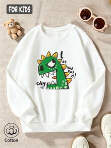 Kids' Loose Pullover Hoodie: Cute Green Dinosaur Print With Yellow Spikes & Fun Text, Soft Comfortable Long Sleeve Round Neck - White - View 4