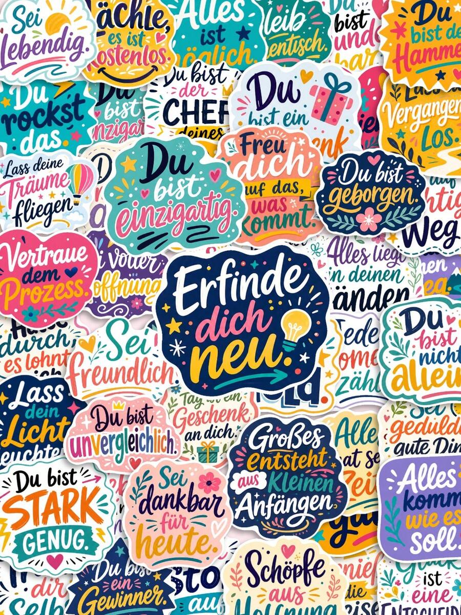 50Pcs PP German Inspirational Stickers, Colorful Journal Text Style, Including German Inspirational Phrases, Hearts, Gift Boxes, Lightning, Hand-Drawn Border Elements, For Journal Collage, Water Bottle, Notebook, Storage Box, DIY Craft Decor - Multicolor - View 1