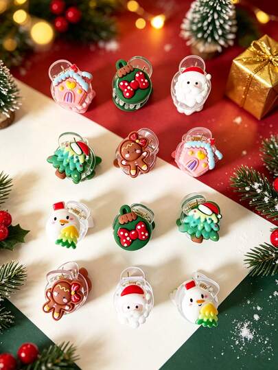 12pcs Women's Christmas Tree, Santa Claus, House, Snowman, Gingerbread Man, Bell Small Round Claw Clips Set, Cute