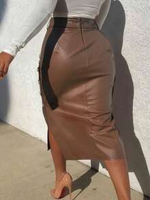 Versatile Fashion Casual Office Commute Asymmetric Button Slit Midi Pencil Skirt For Women - Brown - View 4