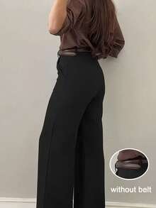 Elegant Women's Black Straight Leg Pants, Autumn With Snap Button And Pocket Design - Black - View 3