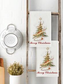 2件裝聖誕樹印花廚房毛巾，聚酯纖維手巾附聖誕圖案，超柔軟編織抹布，可機洗，適合餐廳、廚房、聖誕節裝飾與送禮 - 彩色 - 查看 4
