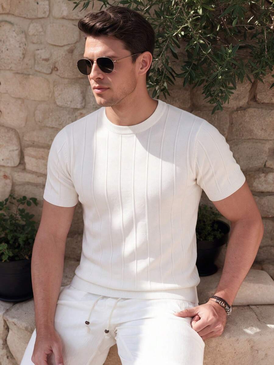 ALTZTAR Men's Round Neck Short Sleeve Ribbed Solid Color Minimalist Casual Knit Top