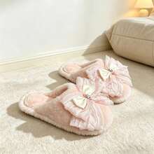 Lace Bow Fuzzy Slippers, Women Open‑Toe Plush House Slippers, Soft Cozy Indoor Flat Slides - Pink - View 4