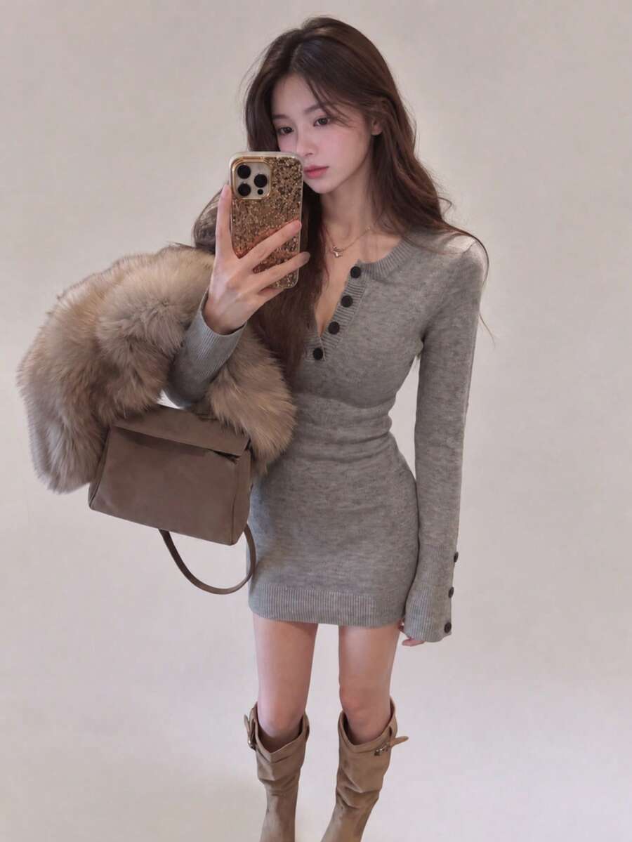 Women's Grey Knit Sweater Dress, Long Sleeve Fitted Short Pencil Skirt With Button Detail, Suitable For Autumn/Winter Season - Grey - View 1