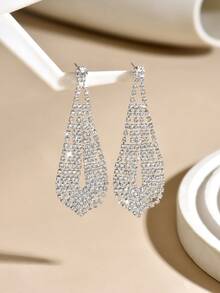 1 Pair Exquisite Sparkling Rhinestone Water Drop Design Earrings Suitable For Women Wedding Party Evening Banquet Music Festival And Other Occasions - Silver - View 3