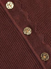 DONICY Women's Coffee Crew Neck Scalloped Edge Gold Button Ribbed Knit Crop Cardigan, Slim Long Sleeve Layering Sweater Jacket For Fall Winter Daily Wear - Coffee Brown - View 6