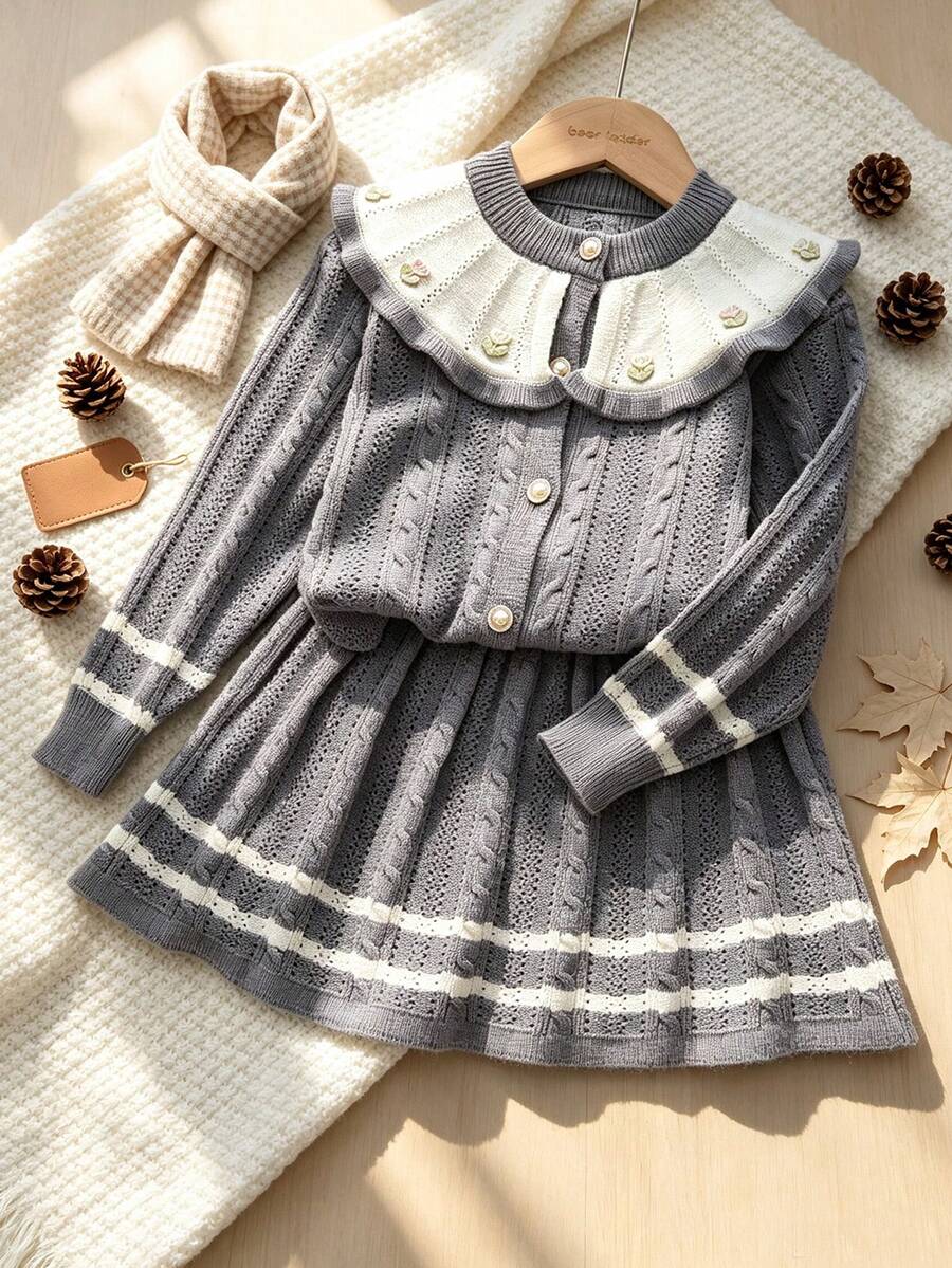 bearleader Girls 2pcs Winter Knit Set, Floral Large Collar Button-Up Sweater With Grey Skirt - Grey - View 1