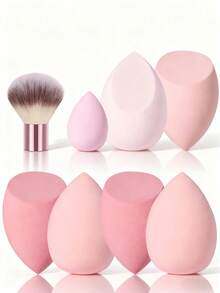 8 Pcs Total Makeup Tool Kit, 7 Pcs Pink Beauty Sponges Plus 1 Short Handle Makeup Brush. Elastic Soft Sponges Support Wet And Dry Dual Use, Matched Brush Helps Blend Powder For Natural Flawless Base Makeup - Multicolor - View 9