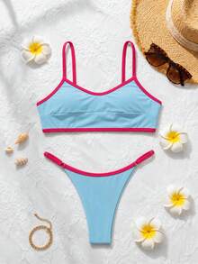 New Blue And Pink Color-Block Bikini Two Pieces Set For Beach, Vacation, Hot Springs, And Swimming - Multicolor - View 2