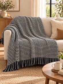 1pc American Vintage Plaid Tassel Throw Blanket, B&B Style Living Room Sofa Decor Photo Prop Blanket - Waffle Black and White - View 2