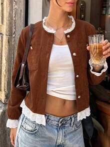 Women's Brown Corduroy Front Button Jacket, Hollow Lace Ruffle Long Sleeve Woven Outerwear, Suitable For Autumn/Winter - Brown - View 3