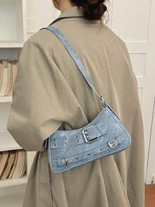 Fashionable High-End Buckle Strap Solid Color Baguette Bag, Y2K Hot Girl Motorcycle Shoulder Bag, Suitable For Daily Street Style, Socializing, Parties, Gifts - Blue - View 4