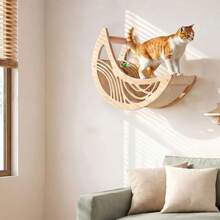 Crescent Moon Cat Hammock, Cat Wall Perch, Wall-Mounted Cat Furniture, Solid Pine Wood Material, Sturdy And Stable Cat Wall Shelf For Sleeping, Playing, Climbing And Resting - Apricot - View 3