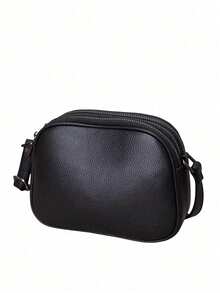 New Fashion Solid Color Lychee Texture Casual Versatile Multi-Functional Three-Layer Three-Zipper Large Capacity Adjustable Shoulder Strap High-Quality Minimalist Elegant Elegant Crossbody Bag Suitable For Office Workers Students Commuters - Black - View 5