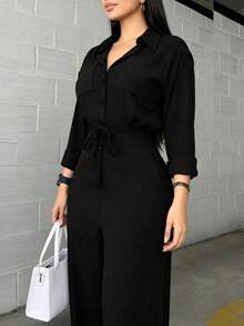 Women's Fashion Luxury Black Jumpsuit, Side Rivet Trim And Strap Details, Woven Fabric, Non-Stretch, Suitable For Casual Wear - Black - View 6