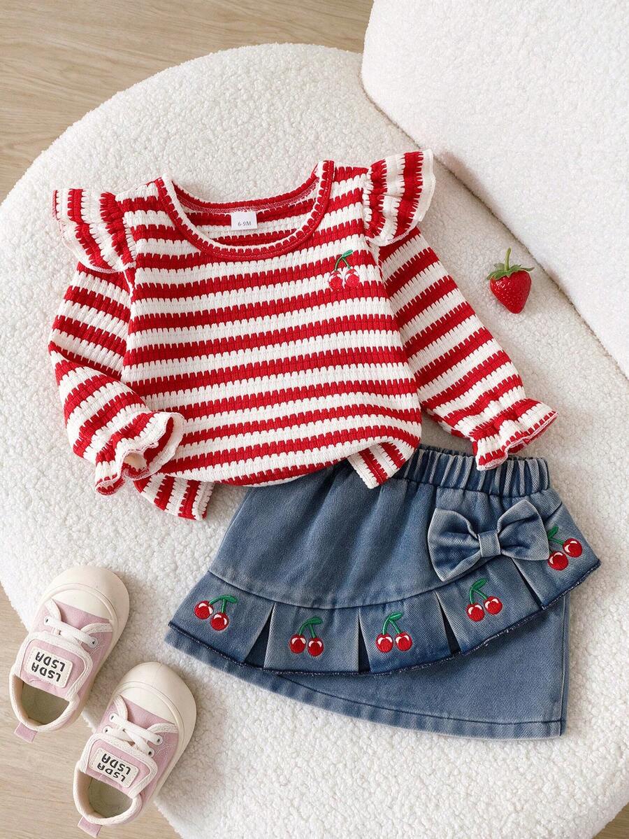 Set 2 Potong Motif Ceri Populer untuk Bayi Perempuan: Atasan Lengan Panjang Bergaris Gelombang Merah & Putih + Rok Denim Berenda Bordir Ceri, Gaya Manis untuk Musim Semi dan Gugur. - Merah - View 1
