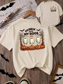 Plus Size Women Round Neck Short Sleeve Halloween Ghost Pumpkin Print T-Shirt - Khaki - View 1