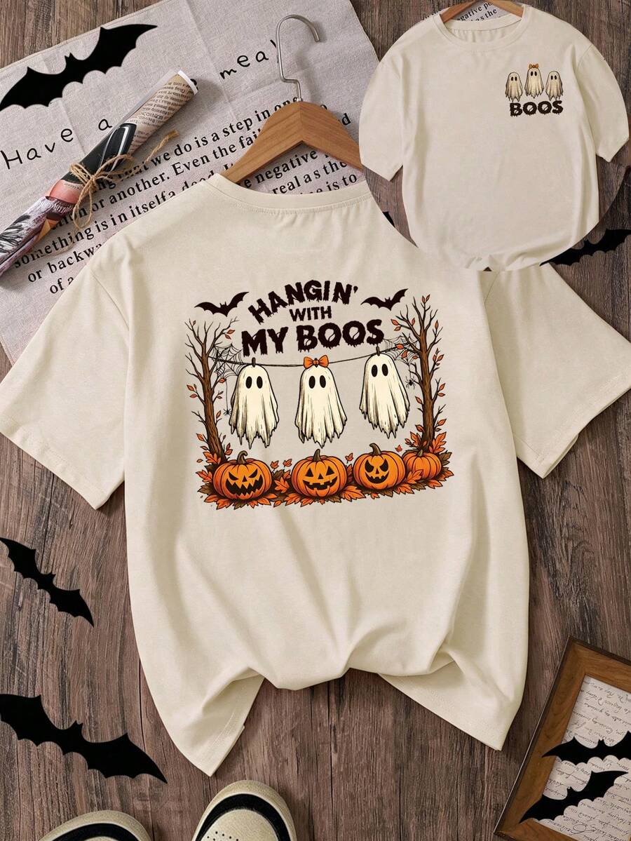 Plus Size Women Round Neck Short Sleeve Halloween Ghost Pumpkin Print T-Shirt - Khaki - View 1