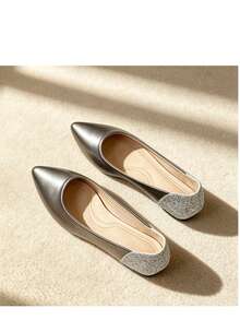Women's Pointed Toe Shallow Flat Shoes With Rhinestone Heel Patchwork Soft Leather Granny Shoes, Commute Versatile Gentle Fairy Shoes - Dark Grey - View 6