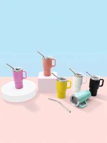1pc,120ml Mini Tumbler With Handle, 304 Stainless Steel Liner PP Outer Shell, Portable Water Cup With Clear Lid & Stainless Steel Straw, Reusable Small Coffee Mug For Travel Office - Multicolor - View 12