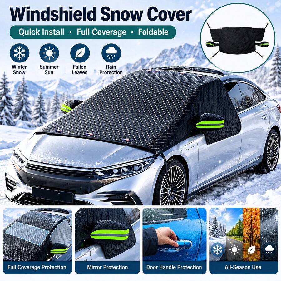 1pc 259*114.3cm Universal Car Windshield Snow Cover, Full Coverage Frost And Ice Protection Cover With Reflective Rearview Mirror Cover, 4 Hook Straps, Foldable Quilted All-Season Sunshade, Suitable For Sedan, Hatchback And SUV, Green/Orange Accents, Winter Car Accessory, Christmas Gift For Female Drivers