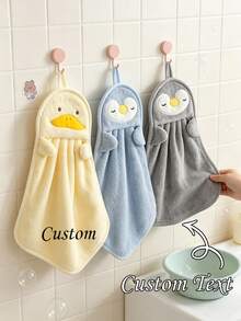 Customized Wall-Mounted Hand Towels, Soft Coral Fleece Kitchen Towels With Cartoon Animal Patterns, Highly Absorbent And Quick-Drying, Bathroom/Kitchen Decorative Hanging Towels, Gray Blue Yellow Set (Personalized Text) - Multicolor - View 1