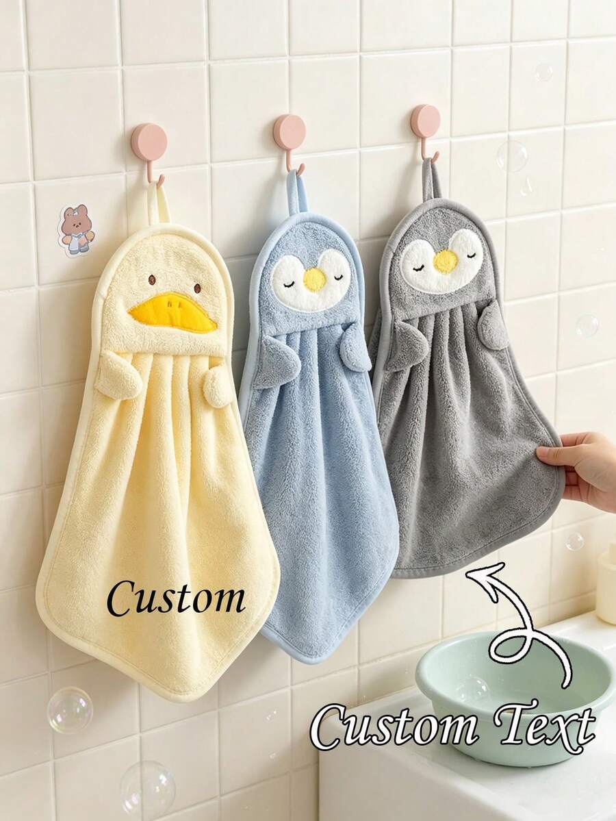 Customized Wall-Mounted Hand Towels, Soft Coral Fleece Kitchen Towels With Cartoon Animal Patterns, Highly Absorbent And Quick-Drying, Bathroom/Kitchen Decorative Hanging Towels, Gray Blue Yellow Set (Personalized Text) - Multicolor - View 1